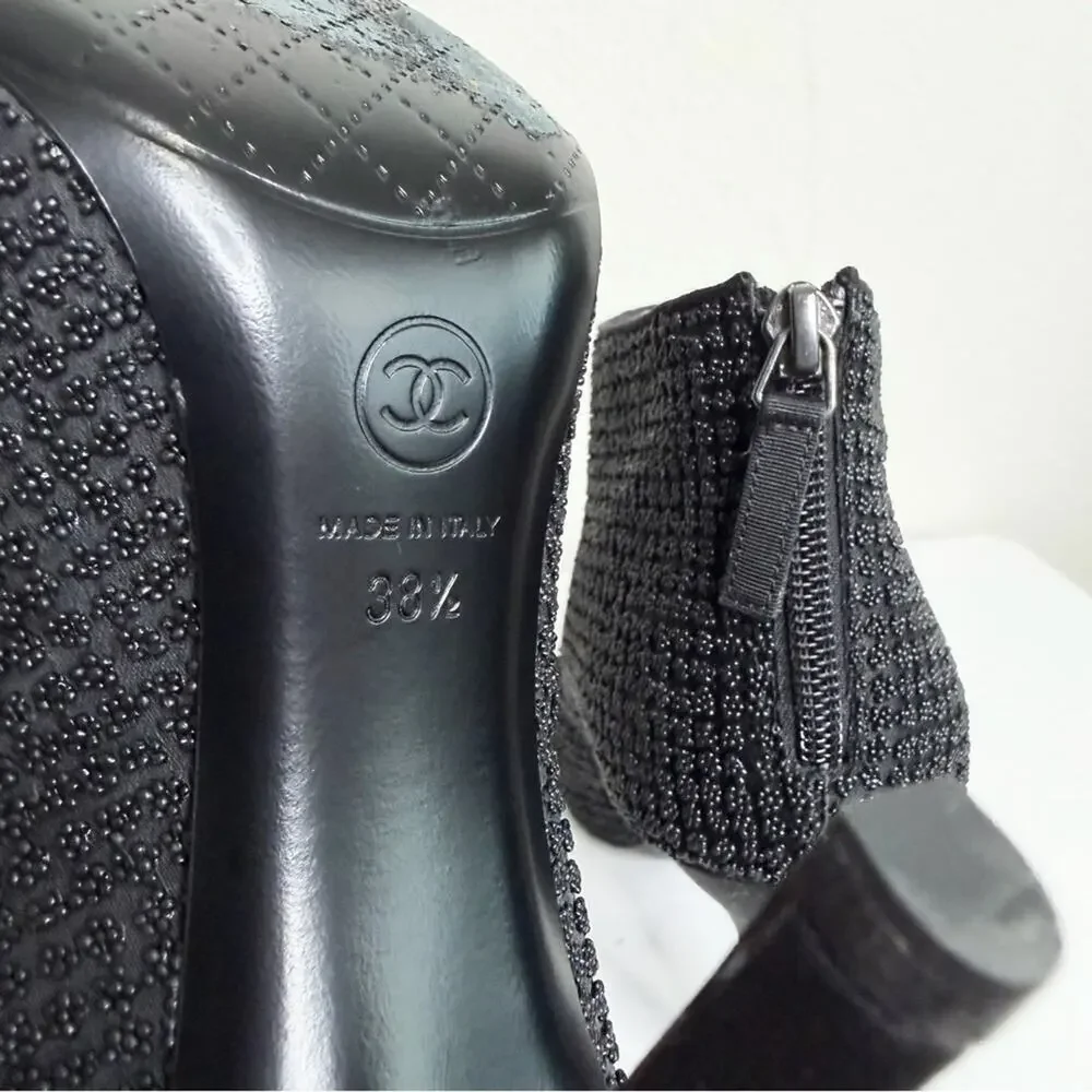 Chanel Beaded Ankle Booties Black Cap Toe Heels 38.5 CC Logo